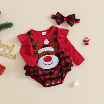 Tenues de Noël en barboteuse à manches longues et col ras du cou avec dessin animé