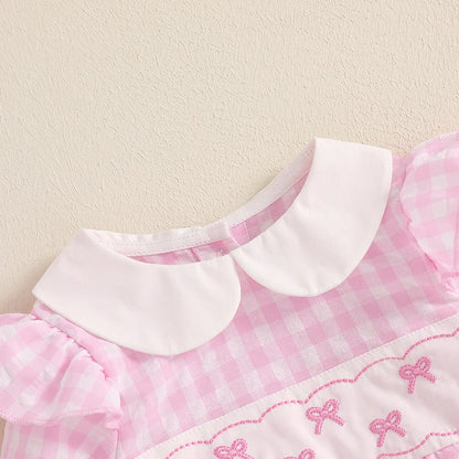 Embroidered Long Sleeve Plaid Romper