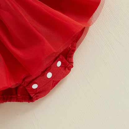 Robe barboteuse à manches courtes bouffantes, col carré avec bandeau à nœud