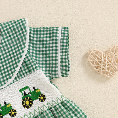Tractor Embroidered Plaid Romper