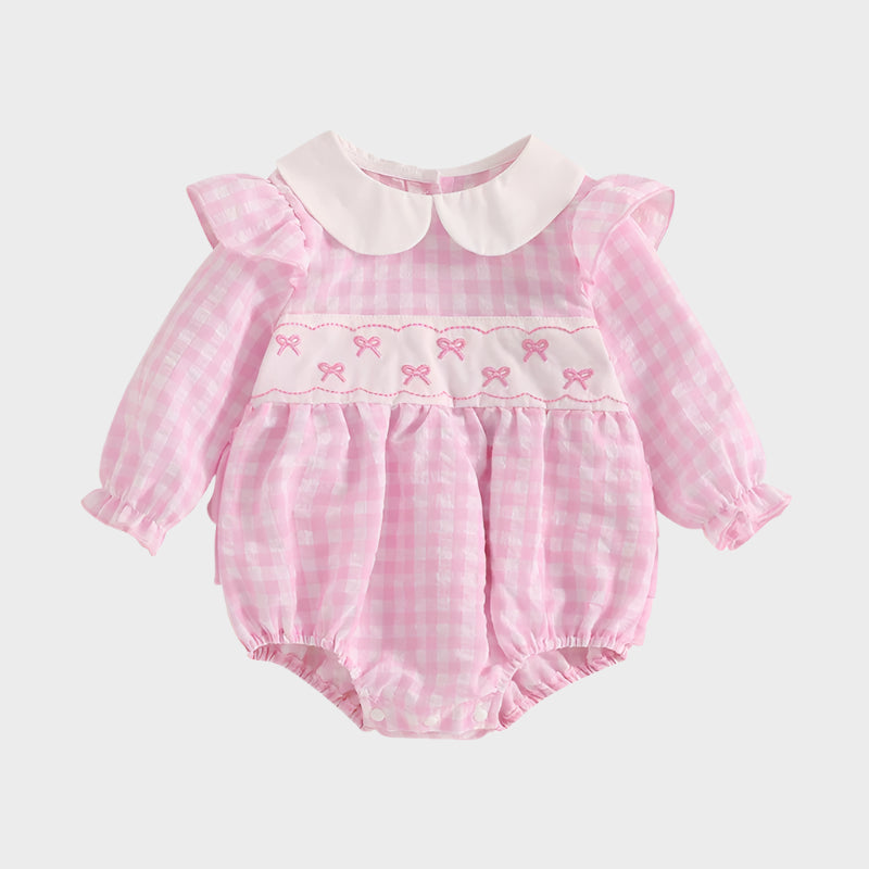 Embroidered Long Sleeve Plaid Romper