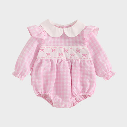 Embroidered Long Sleeve Plaid Romper