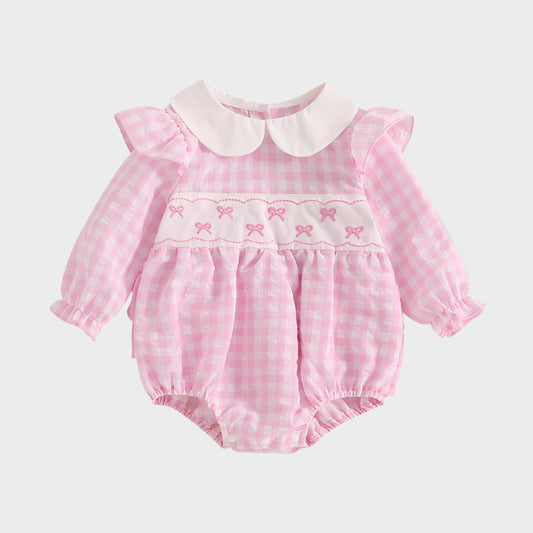 Embroidered Long Sleeve Plaid Romper