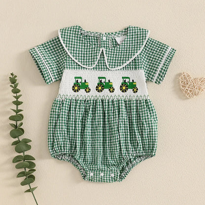 Tractor Embroidered Plaid Romper