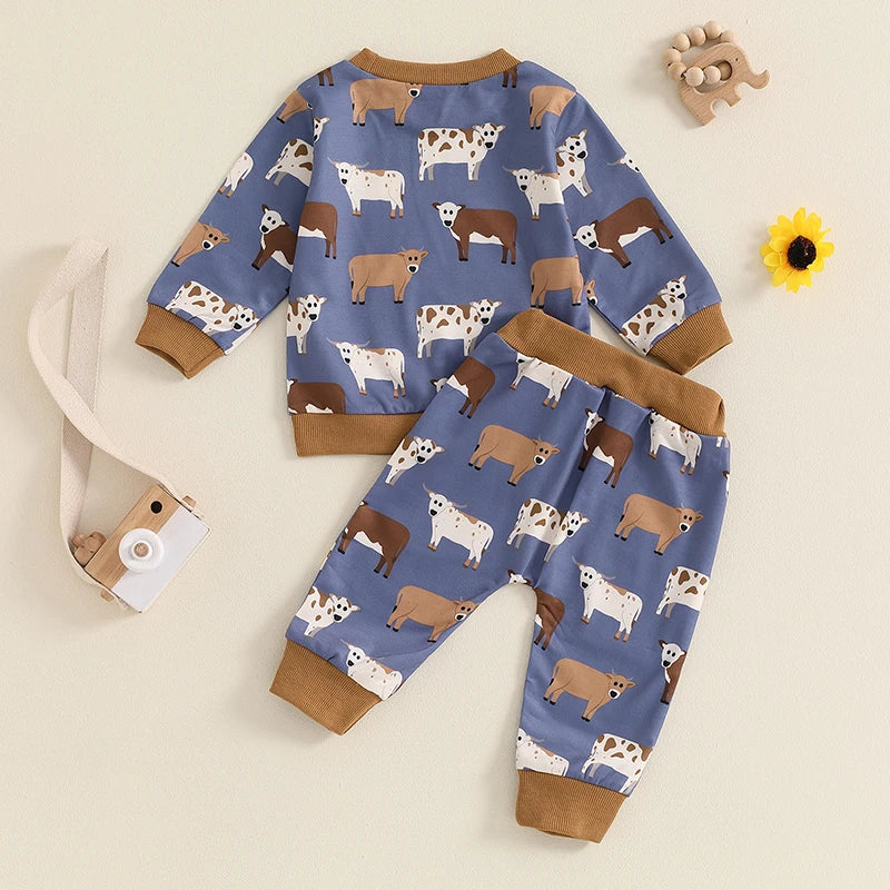 2 Pieces Cartoon Cow Top & Pants Suit