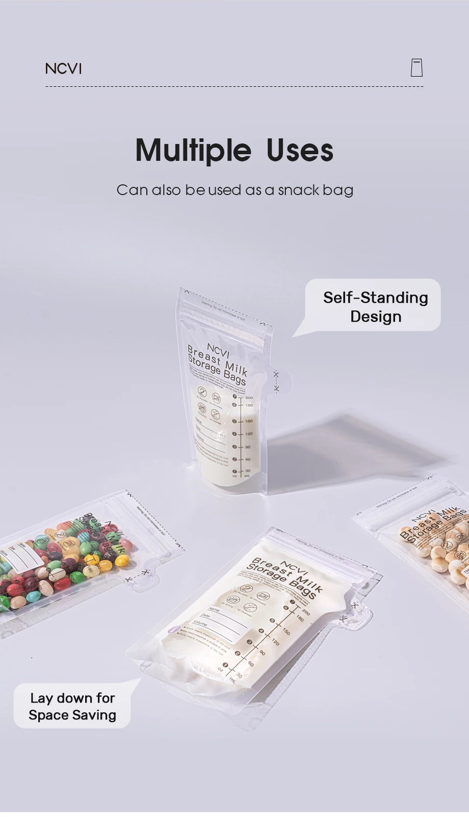Sacs de conservation du lait maternel NCVI, sacs de congélation de lait de 200 ml pour l'allaitement
