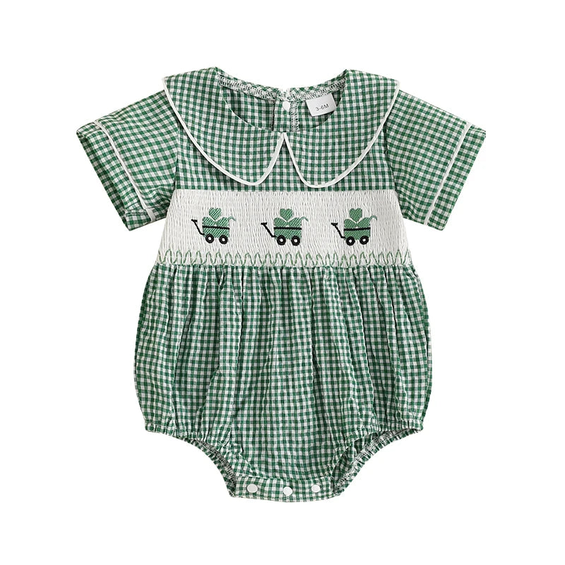 Tractor Embroidered Plaid Romper