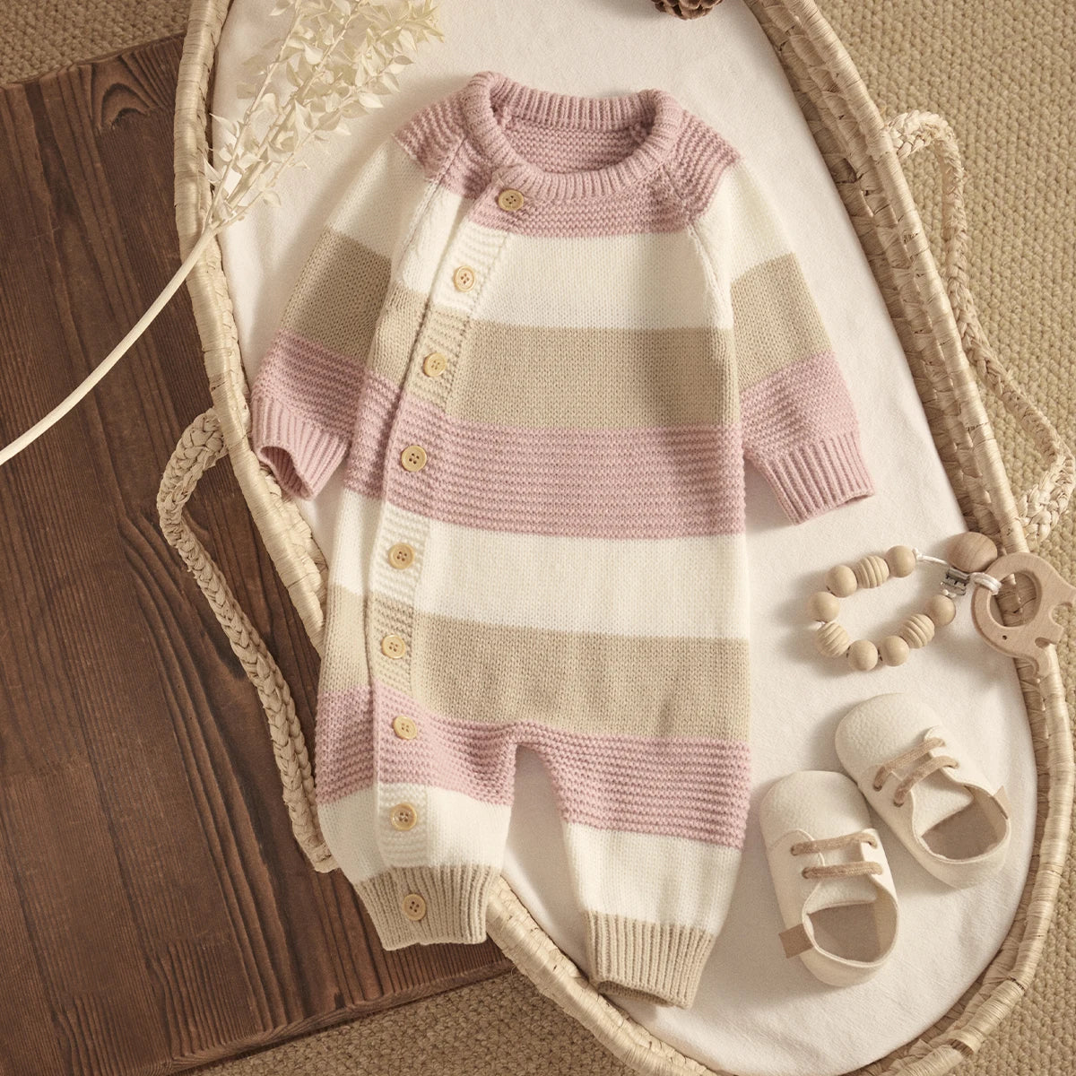 Knitted Long Sleeve Striped Jumpsuit