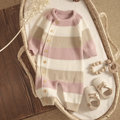 Knitted Long Sleeve Striped Jumpsuit