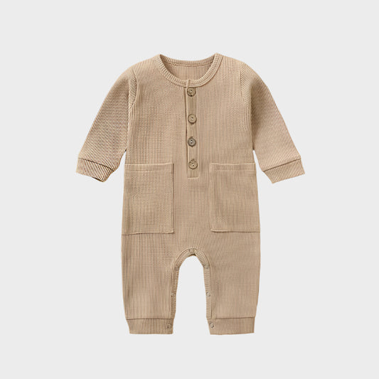 Wooden Buttons Infant Jumpsuit with Pocket