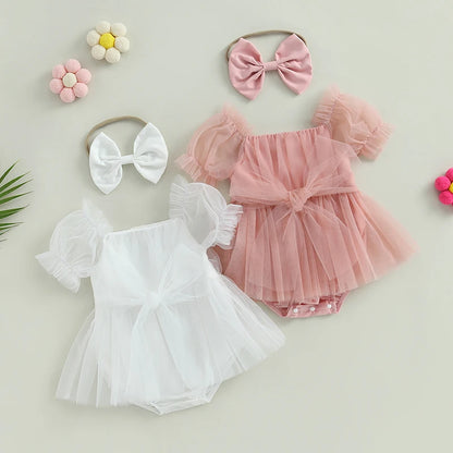 Romper Dress Short Puff with Bow Headband