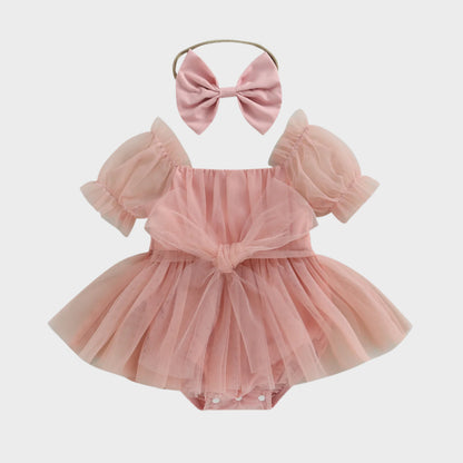 Romper Dress Short Puff with Bow Headband