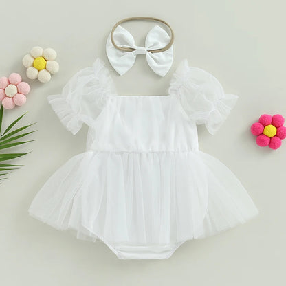 Romper Dress Short Puff with Bow Headband
