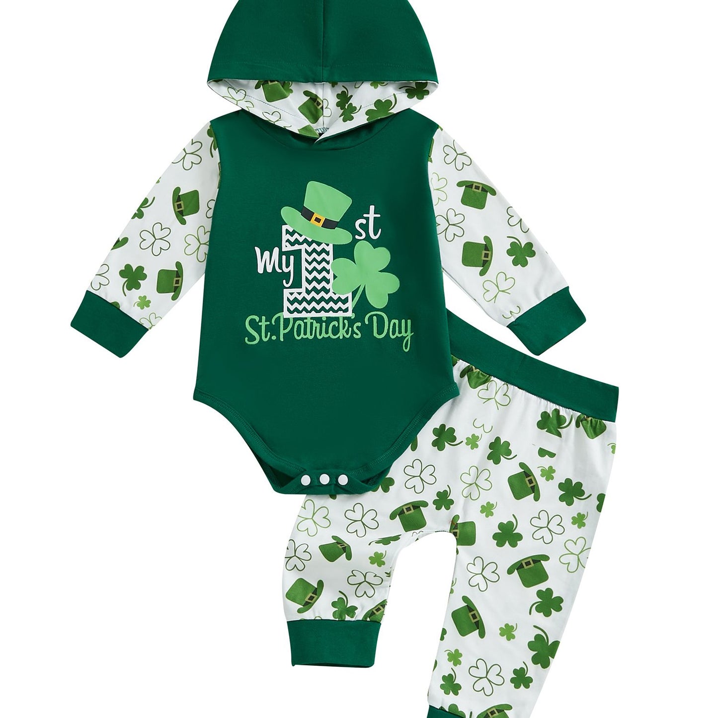 Ensemble 2 pièces barboteuse à manches longues avec capuche et pantalon à imprimé trèfle