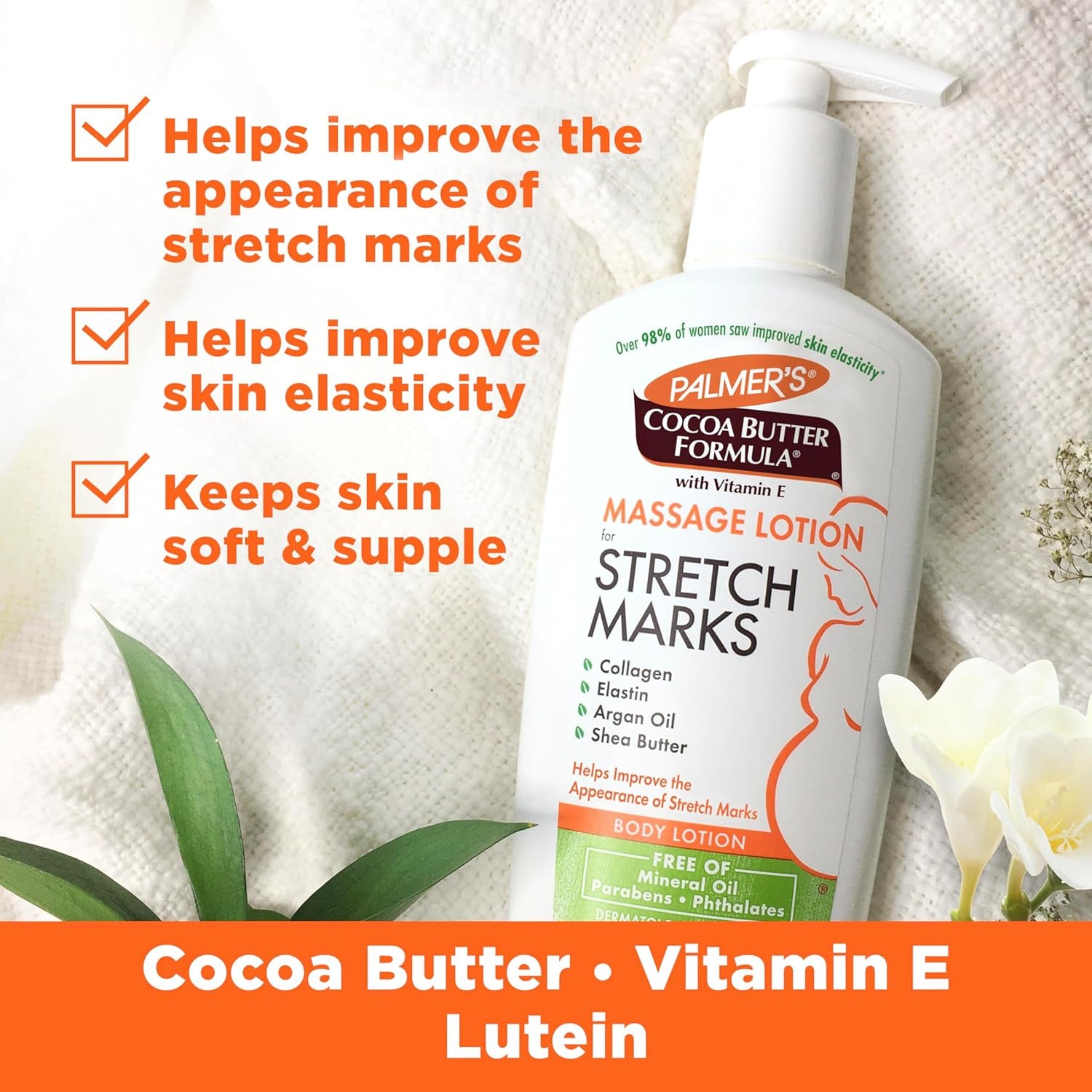 Cocoa Butter Formula Massage Lotion for Stretch Marks, Pregnancy Skin Care, Belly Cream with Collagen, Elastin, Argan Oil and Shea Butter, 8.5 Ounces