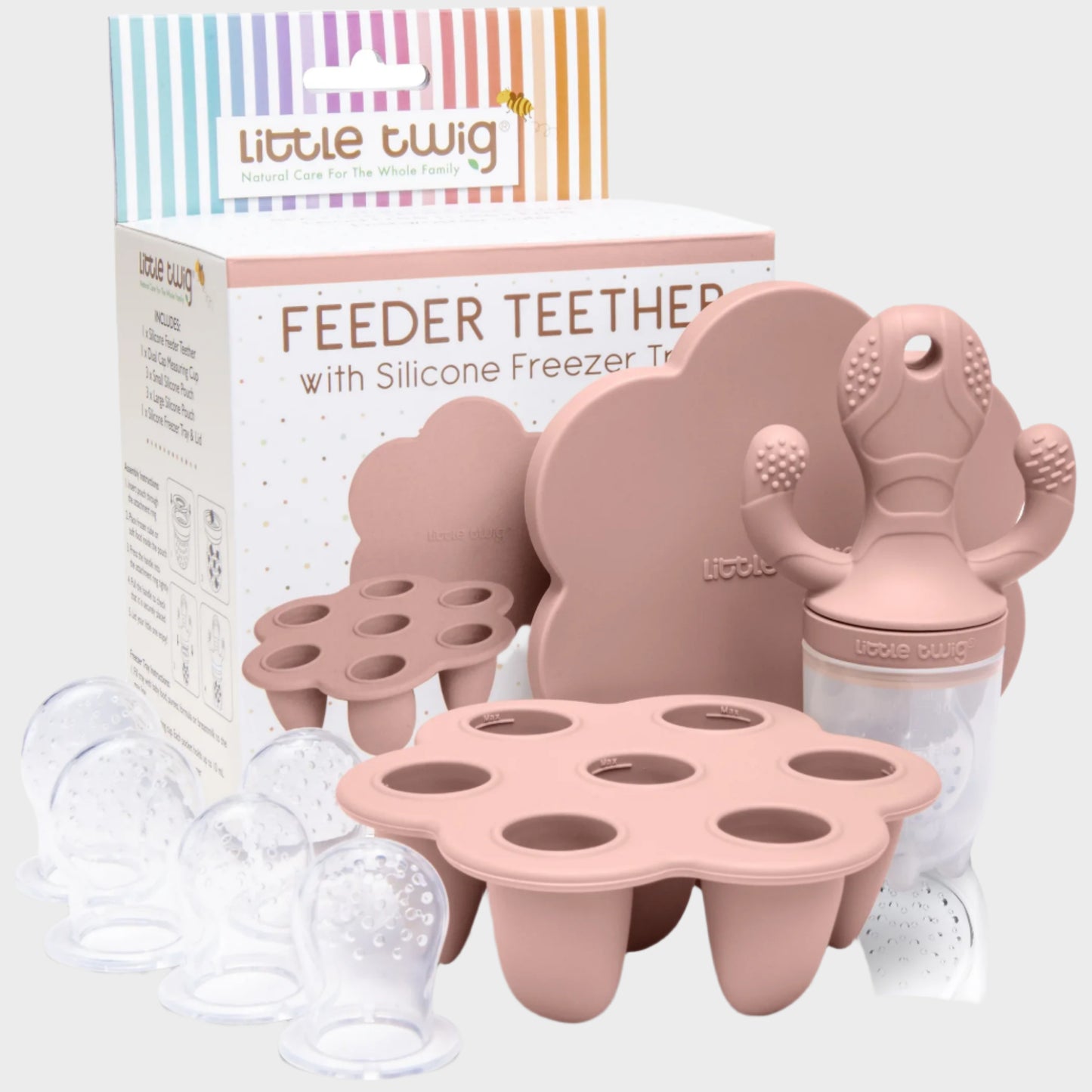 Silicone Baby Fruit Feeder and Teether Set with Breastmilk Popsicle Freezer Molds, Rose