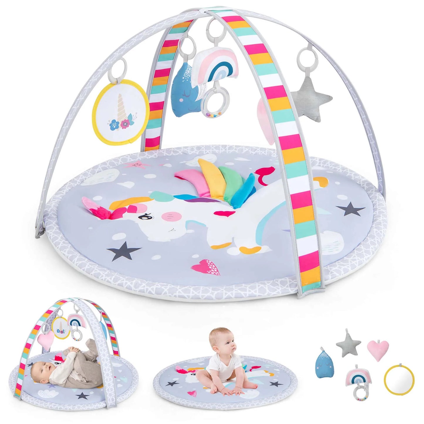 Baby Play Gym Mat Thicker Tummy Time Mat with 5 Detachable Hanging