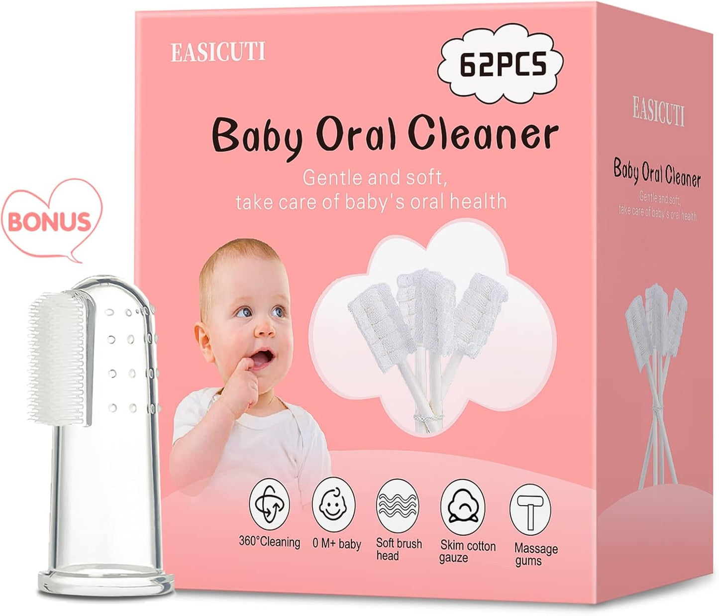 62PCS Baby Tongue Cleaner, Baby Oral Cleaner Newborn Baby Toothbrush,Disposable Infant Toothbrush Clean Mouth,Gauze Gum Clean Stick Dental Care for 0-36 Month +1 Finger Toothbrush with Case