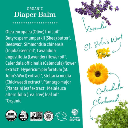 (2 Pack)  Organic Diaper Balm, Diaper Cream for Newborns, Infants, & Toddlers, 2 Fl Oz.